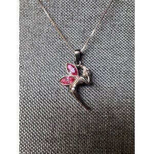Sterling Silver Necklace With Fairy Pendant And Pink Glass Wings 18"